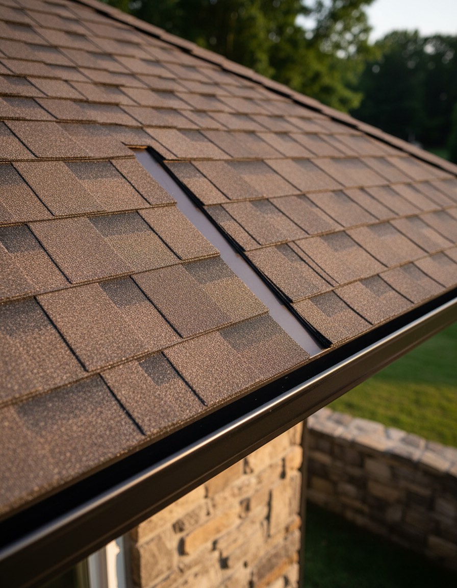 Close detail of dimensional architectural shingles at a valley with black drip edge and a seamless gutter