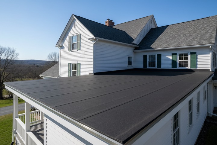 Black EPDM rubber roof over a porch addition on a white farmhouse