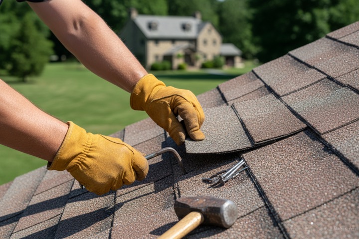 Gloved hands replacing a damaged architectural shingle