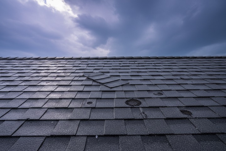 Wind-lifted shingle tabs and hail marks on an asphalt roof after a storm
