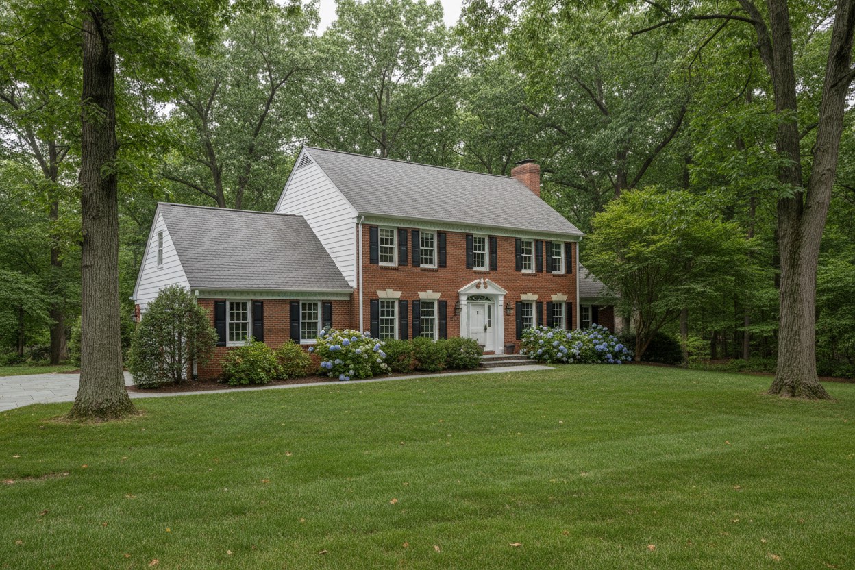 Brick and clapboard colonial with a driftwood gray architectural shingle roof