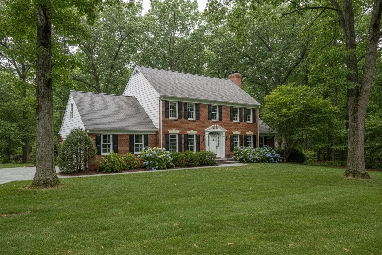 Brick and clapboard colonial with a driftwood gray architectural shingle roof