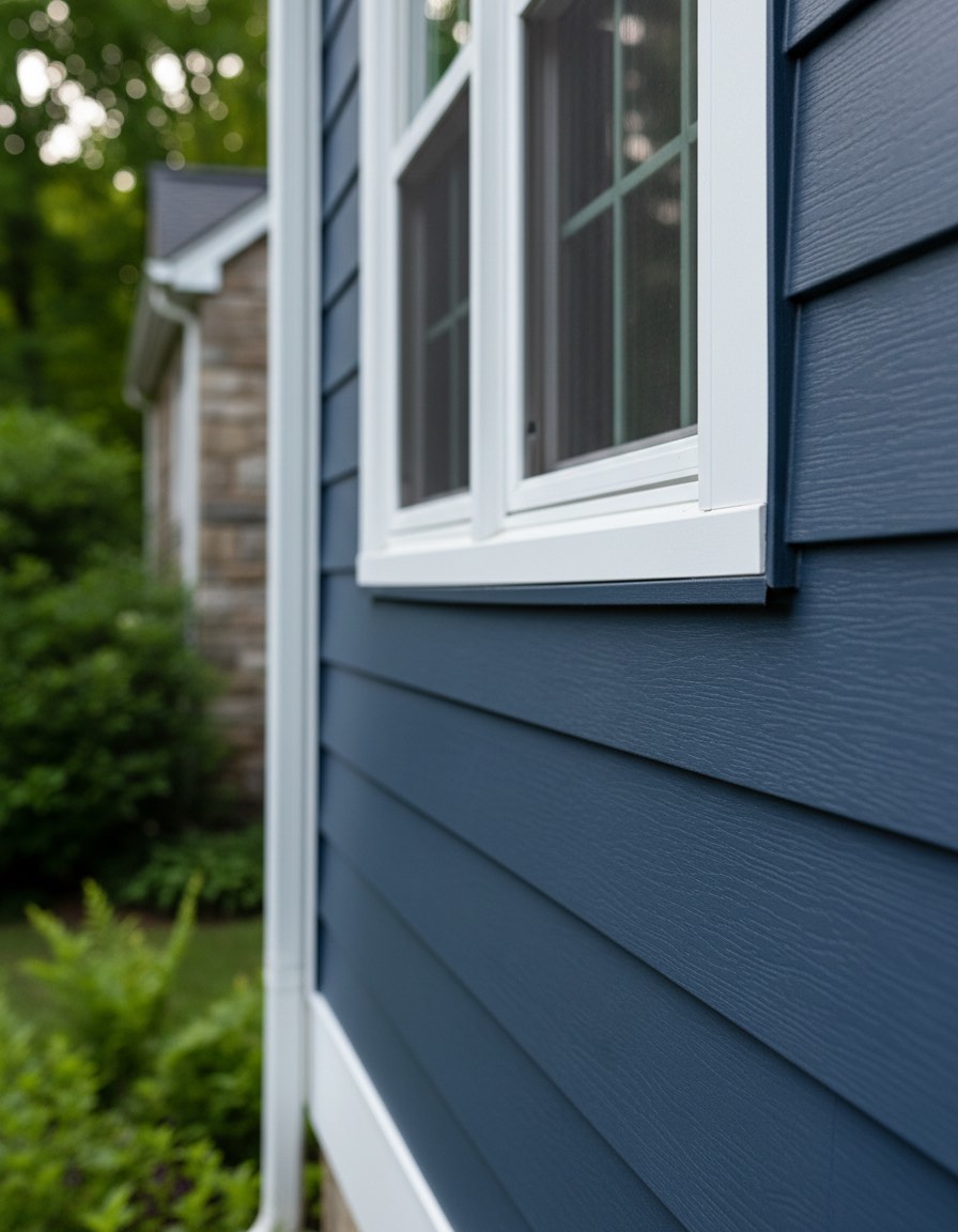Slate blue lap siding meeting a crisp white window trim with clean shadow lines