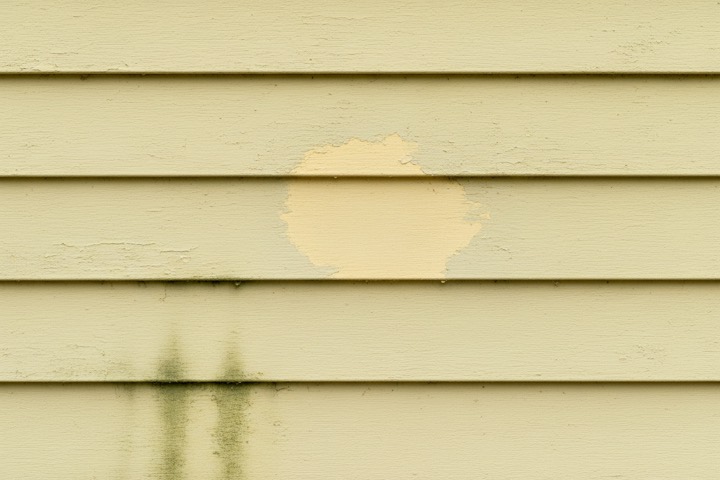 Chalky faded vinyl siding with a rubbed patch and mildew streaks