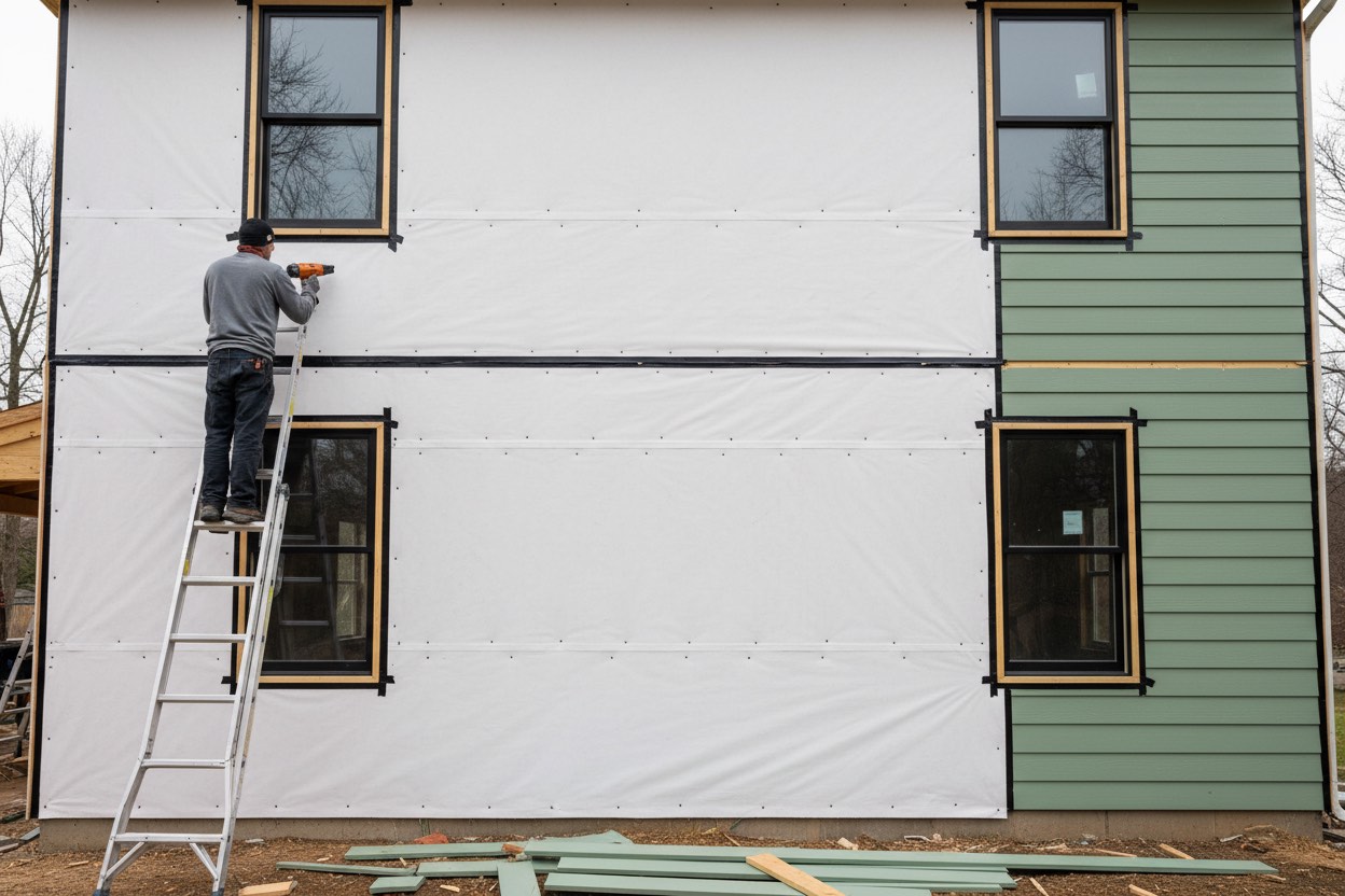 Wall wrapped in weather-resistive barrier with flashed windows and the first courses of new lap siding