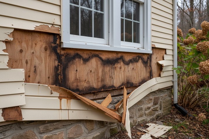 Siding pulled back to show water-stained, rotted sheathing under a window