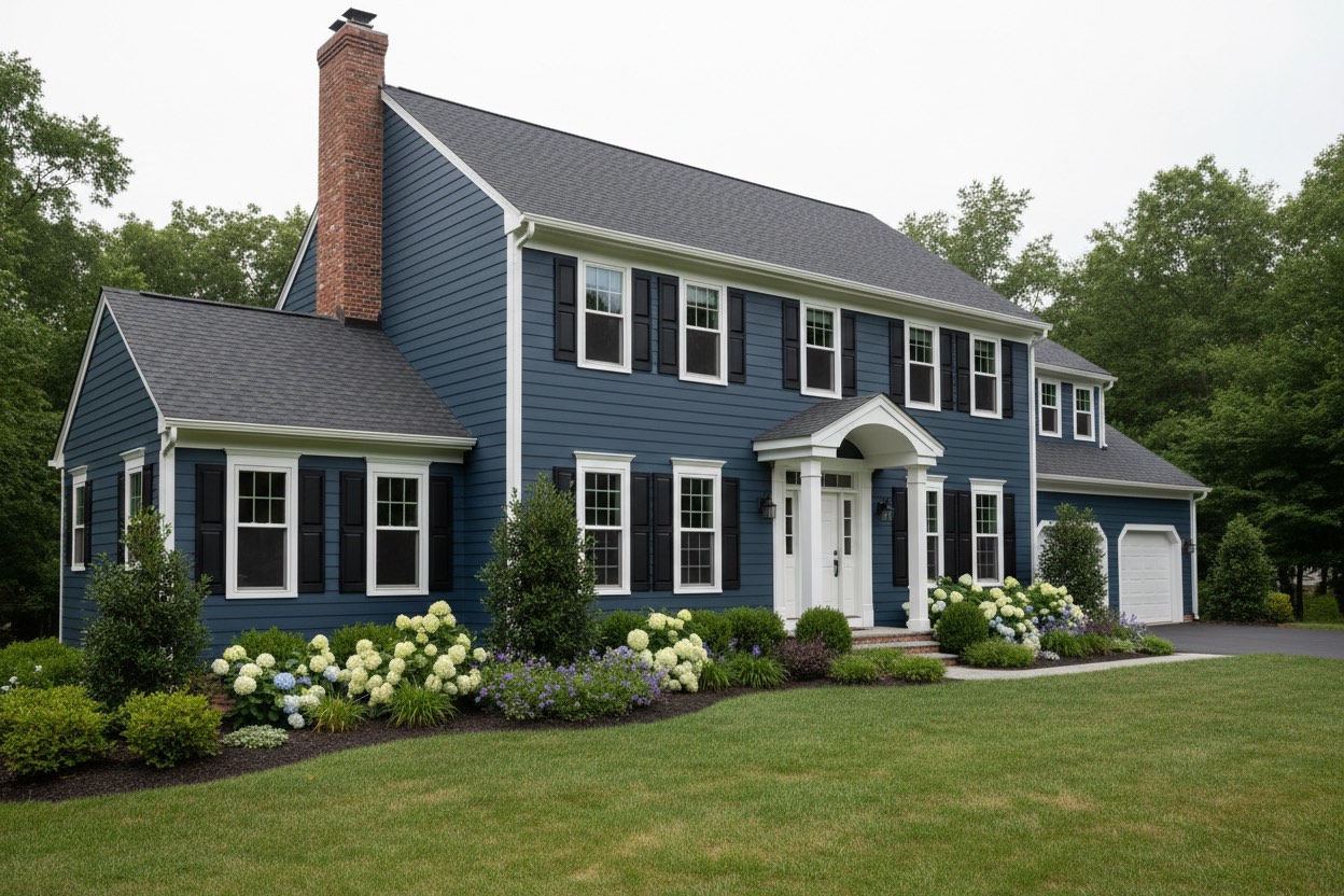 Center-hall colonial with deep navy Dutch lap siding and bright white trim