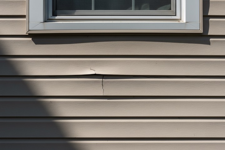 Old vinyl siding buckled and cracked beside a window