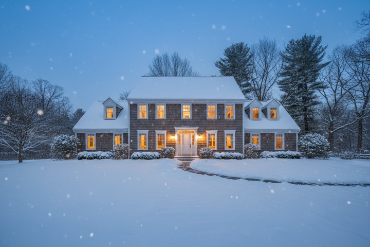 Colonial home with warm lit windows on a snowy winter evening
